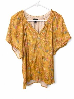 Like New Wonderly Mustard Floral Button-Front Peasant Blouse Women’s X-Large